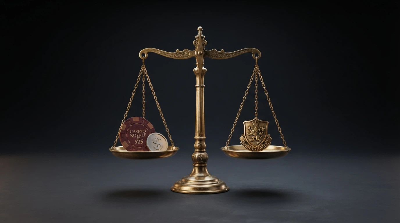 A set of balance scales with a USDT coin and a casino chip on one side and a BetStop shield and ACMA logo on the other