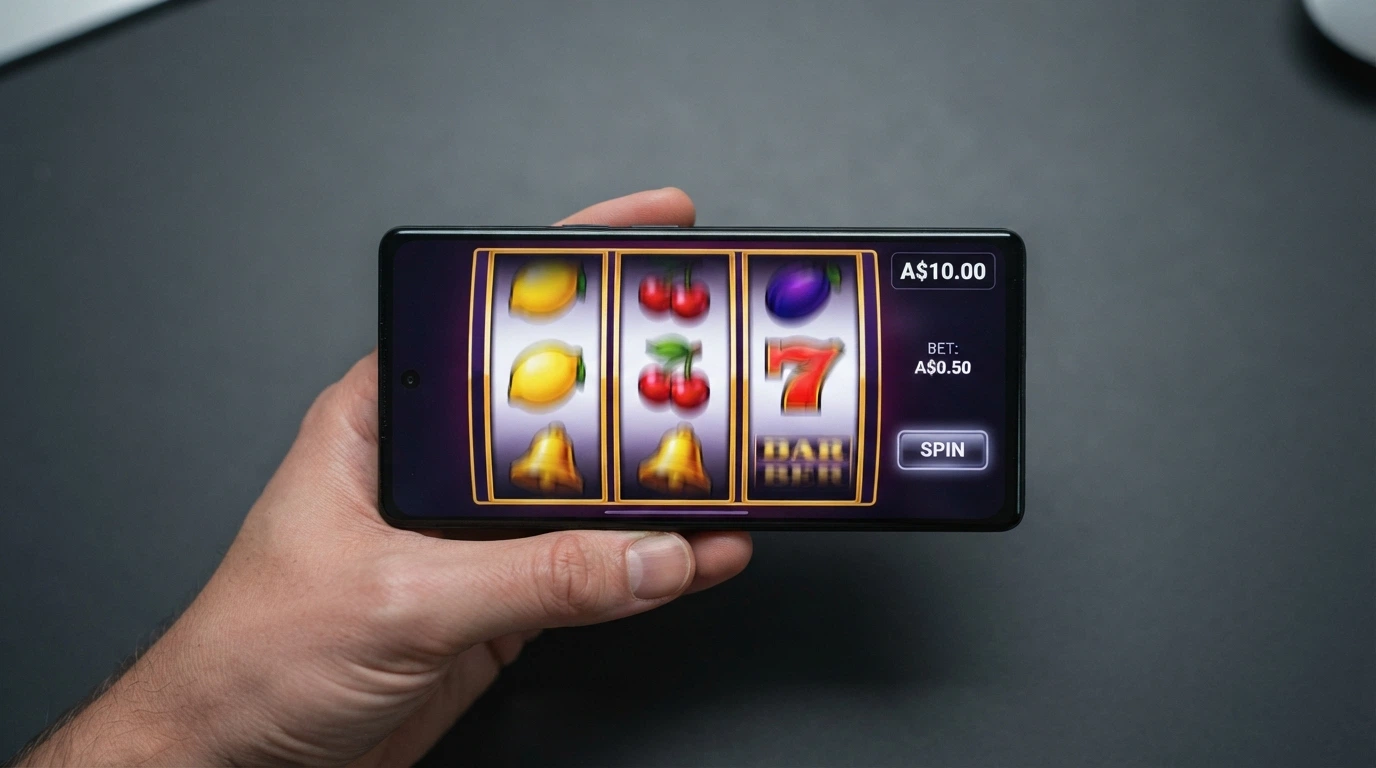 A row of three pokie reels mid-spin on a phone screen, with a balance counter showing A$10.00 in the corner
