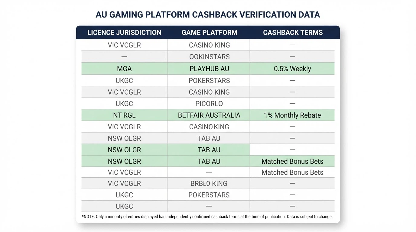 A comparison table listing ten offshore casinos with their licence jurisdiction, game platform and confirmed cashback terms where available