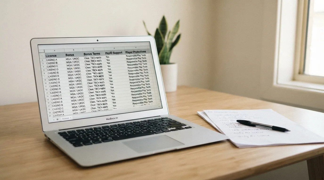 A clean desk scene with research notes and a screen showing casino comparison criteria — licence status, bonus terms, PayID support and player protections