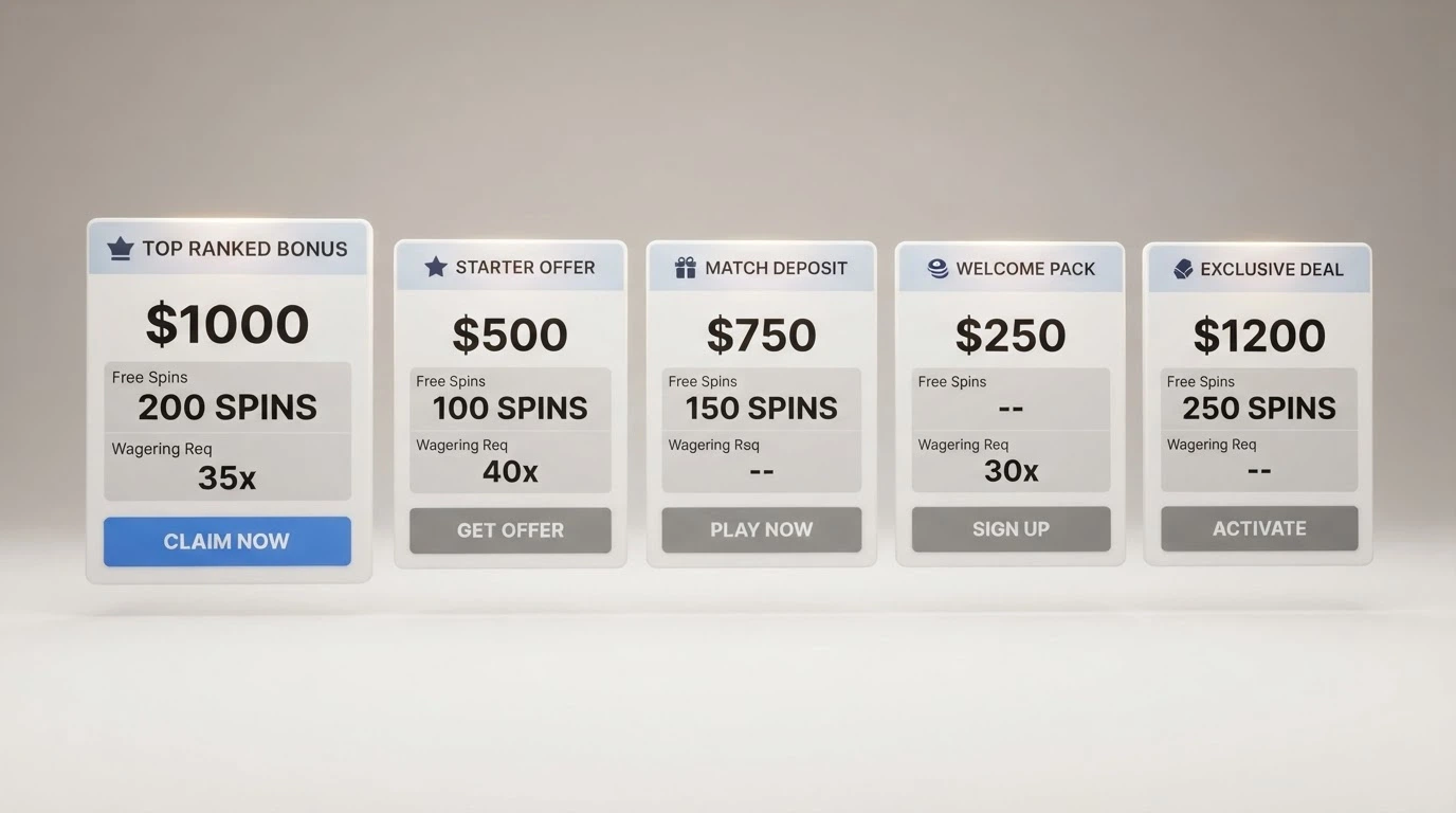 A structured comparison layout showing operator cards with bonus amounts, free-spin counts and wagering figures side by side