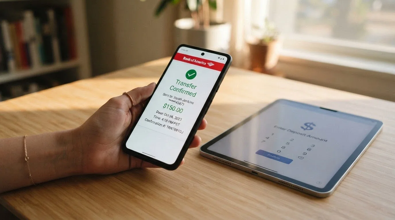 A banking app screen showing a PayID transfer confirmation with a timestamp, next to a casino deposit screen
