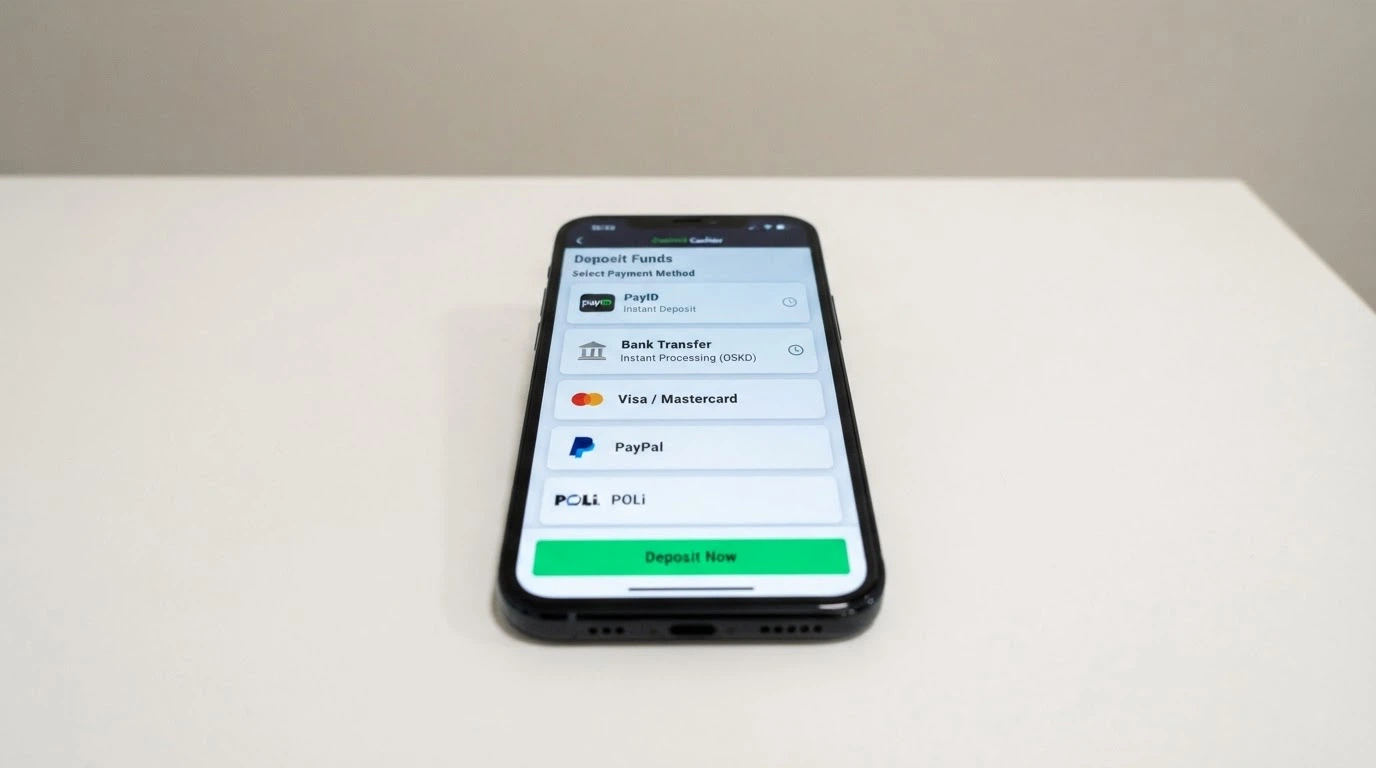 An Android phone screen showing a casino cashier with PayID and bank-transfer options listed among the deposit methods