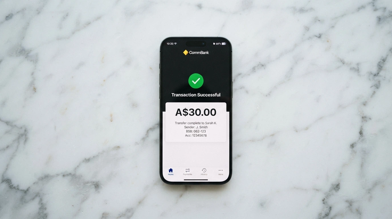 A smartphone showing a banking app with a PayID transfer confirmation screen and the amount A$30.00 displayed