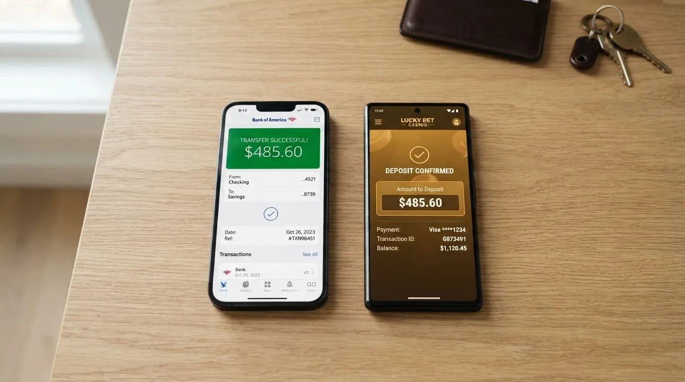 A smartphone showing a banking-app screen with a PayID transfer confirmation, next to a casino deposit screen displaying the same amount in Australian dollars