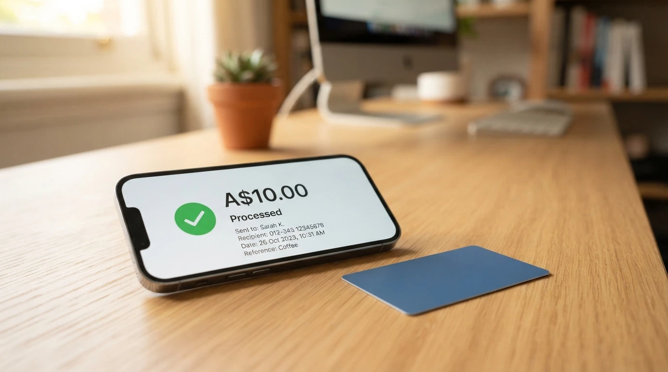 A smartphone banking-app screen showing a PayID transfer of A$10.00 marked “processed instantly” beside an Osko logo