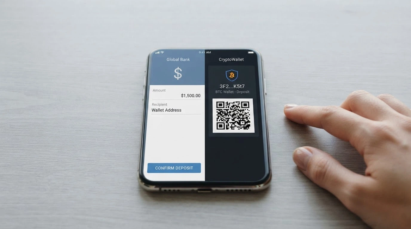 A split-screen smartphone view showing a PayID bank-transfer interface on the left and a cryptocurrency wallet QR code on the right, both pointed at a casino deposit screen