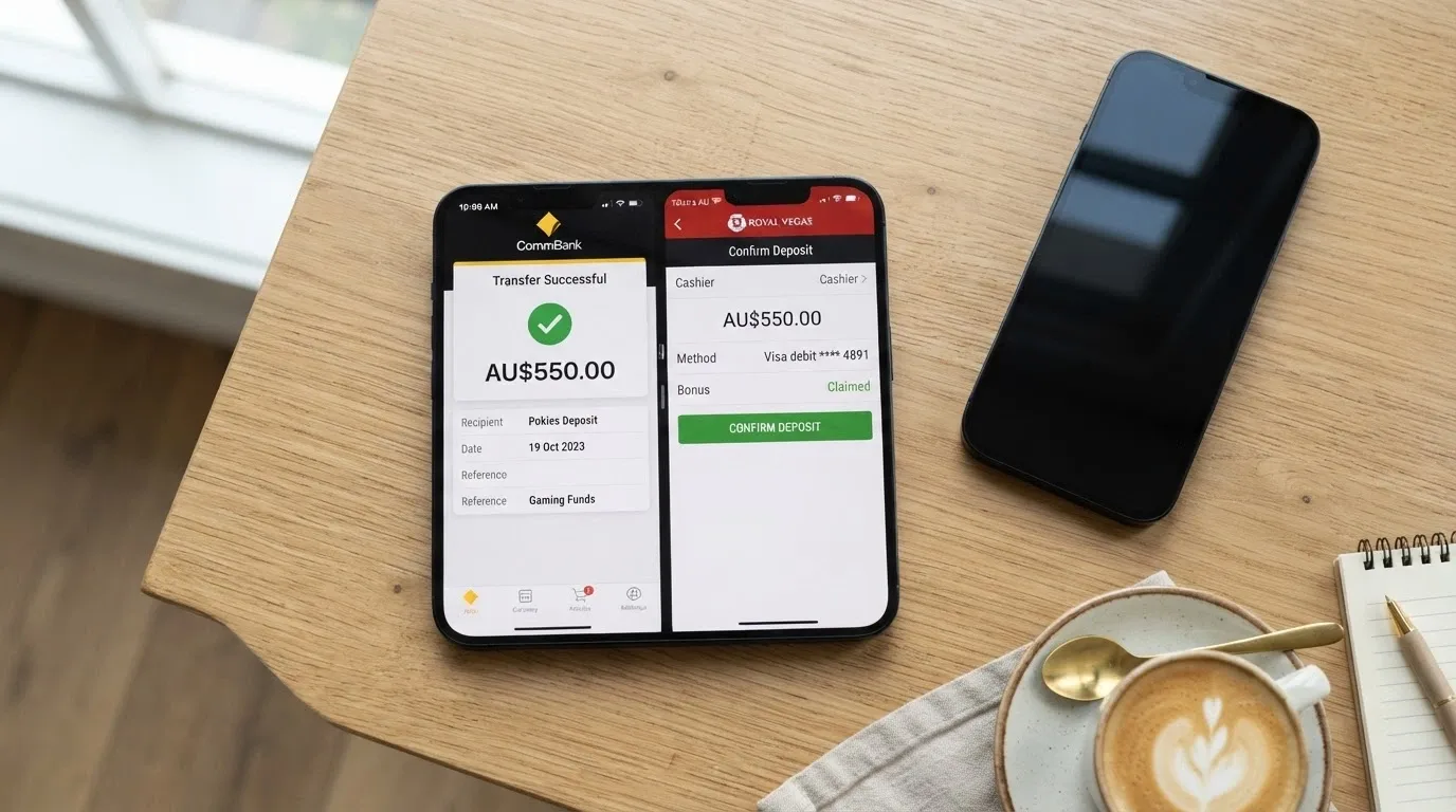 A smartphone banking app showing a PayID transfer confirmation beside a casino deposit screen