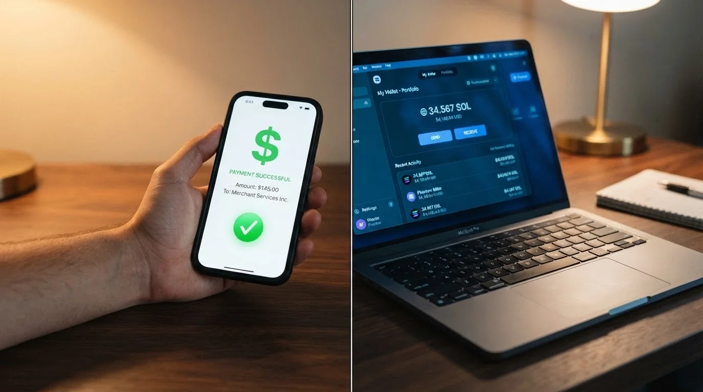A split-screen showing a PayID transfer interface on one side and a crypto wallet deposit on the other