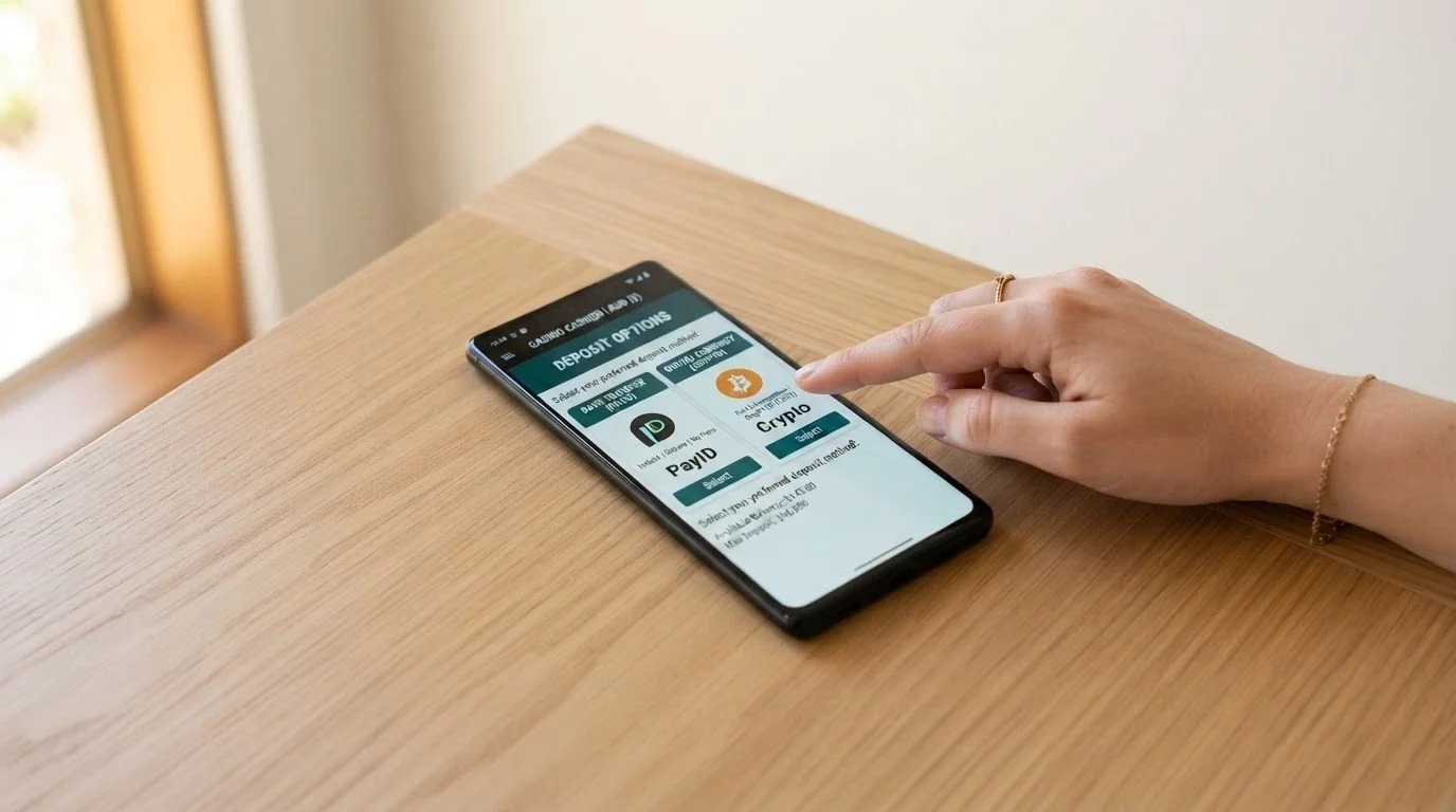 A smartphone screen showing PayID and cryptocurrency deposit options side by side on a casino cashier interface