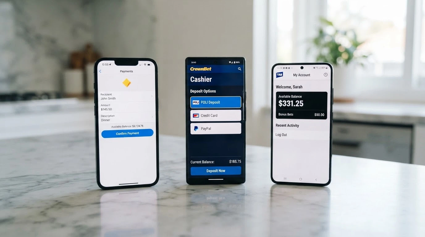 A sequence of three mobile screens: a banking app PayID payment screen, a casino cashier showing PayID as a deposit option, and a casino balance updated with the deposit amount