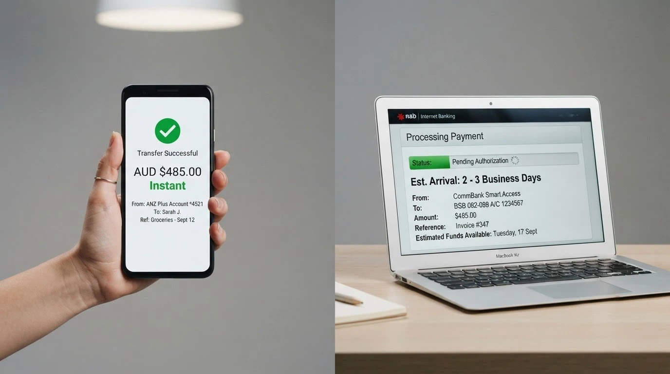 A split-frame image: on the left a smartphone showing an instant PayID deposit confirmation, on the right a laptop screen showing a pending bank transfer with a 3-day ETA