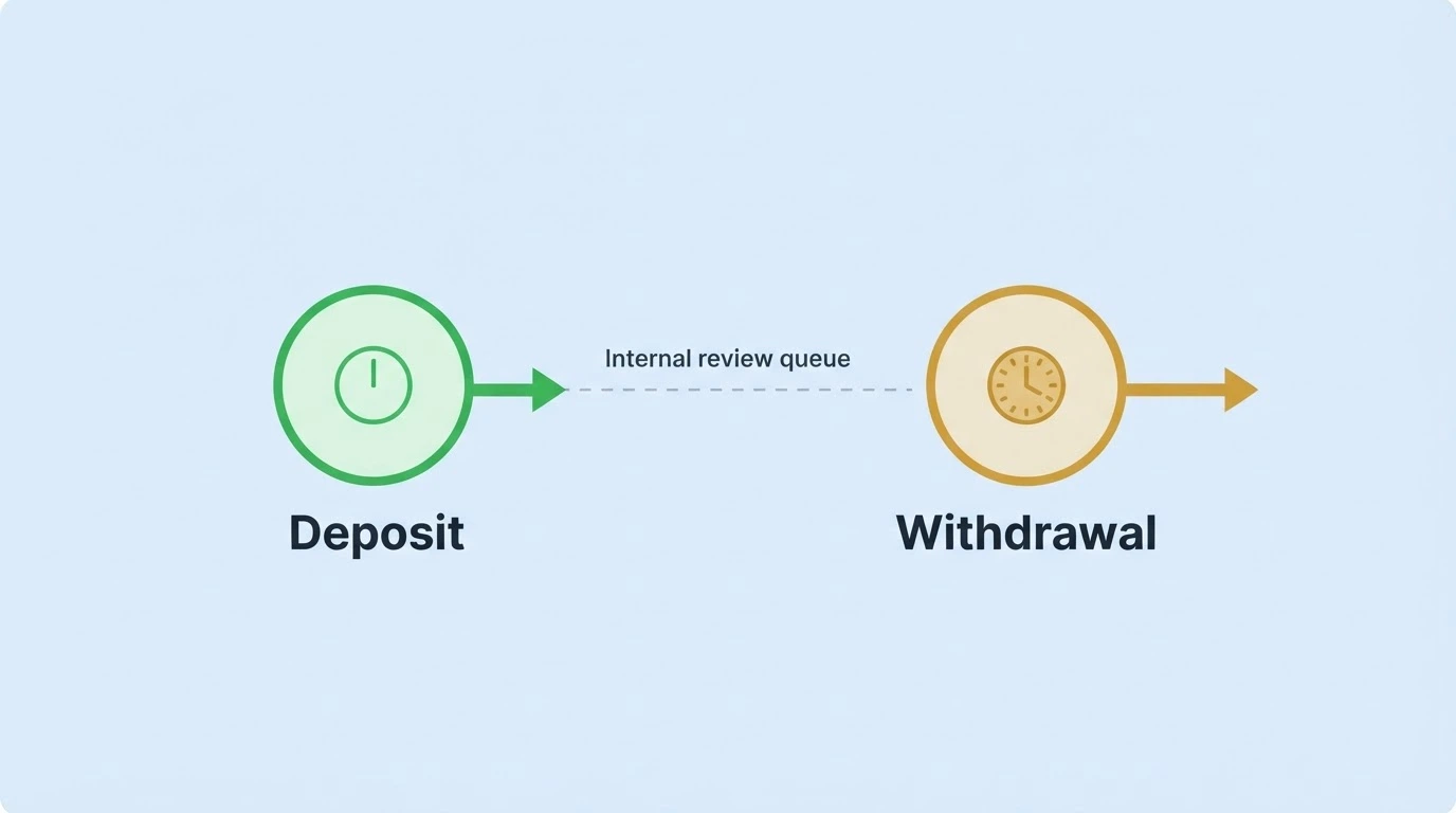 A timeline graphic contrasting an instant PayID deposit notification against a multi-day withdrawal review clock