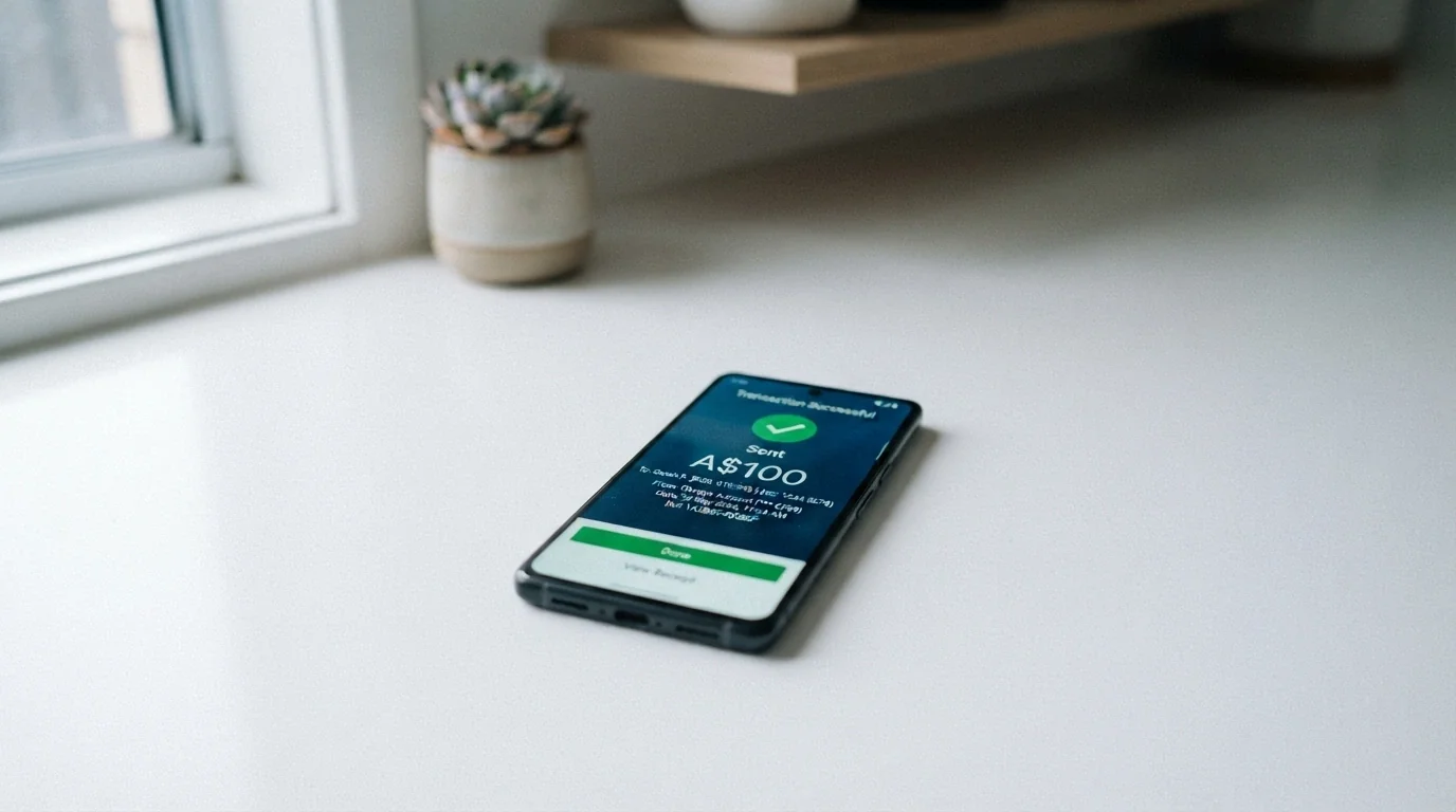 A smartphone screen showing a mobile banking app with the PayID transfer interface, displaying a completed A$100 transfer with a timestamp showing under 60 seconds