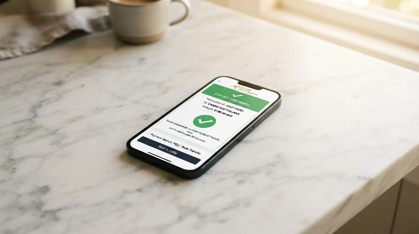A casino cashier page showing the PayID deposit field with an Osko transaction confirmation on a smartphone beside it