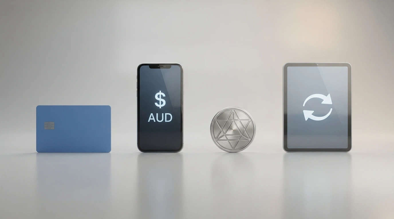 A side-by-side display of payment method logos including PayID, Bitcoin, Visa and bank transfer
