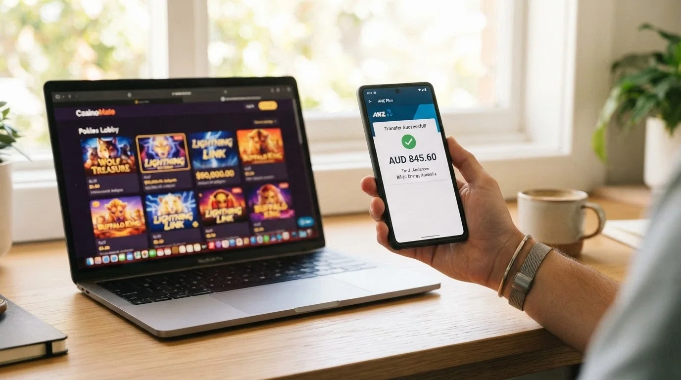 A banking app screen showing a PayID transfer confirmation next to an online pokies lobby in Australian dollars