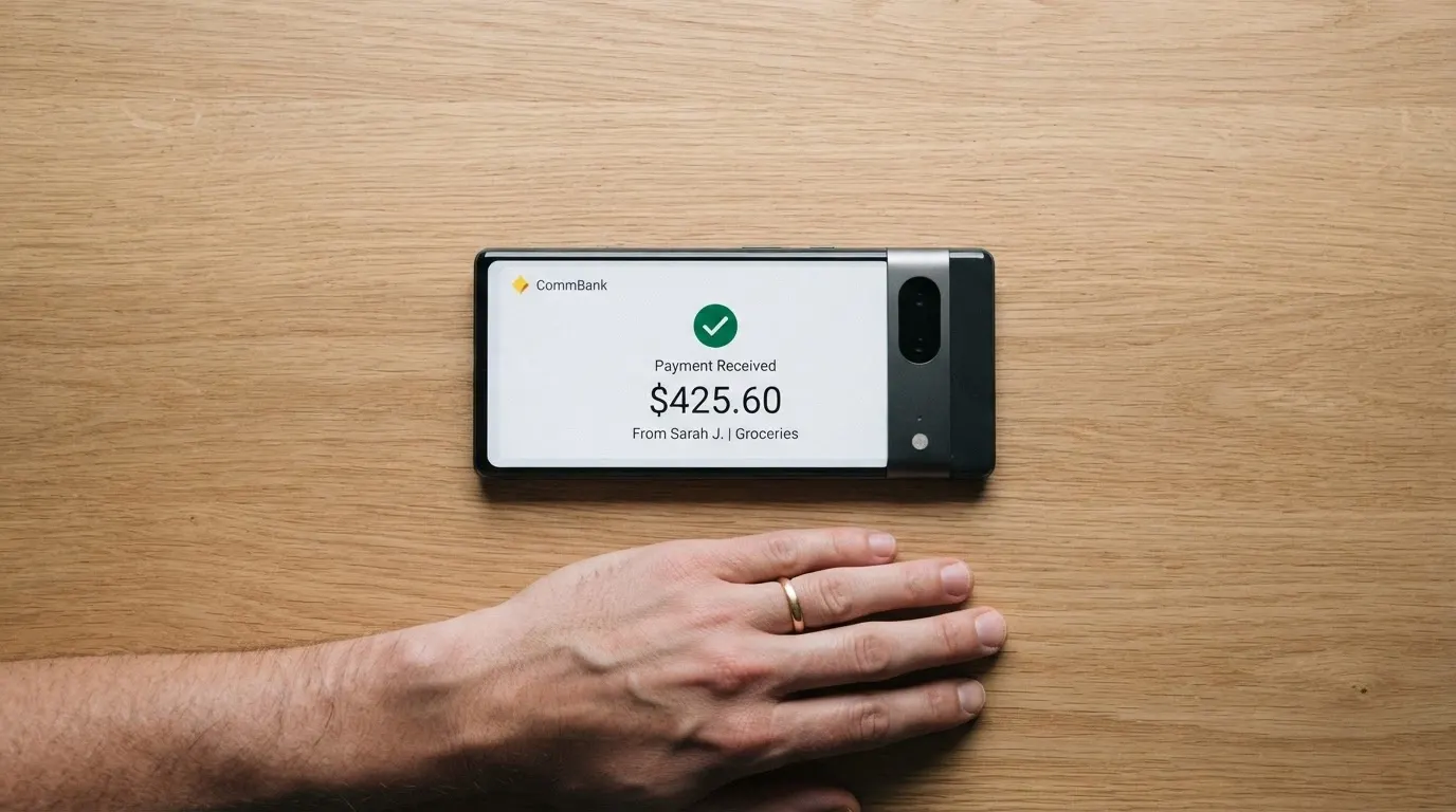 A smartphone showing a bank app with a PayID transaction notification and an Australian dollar amount