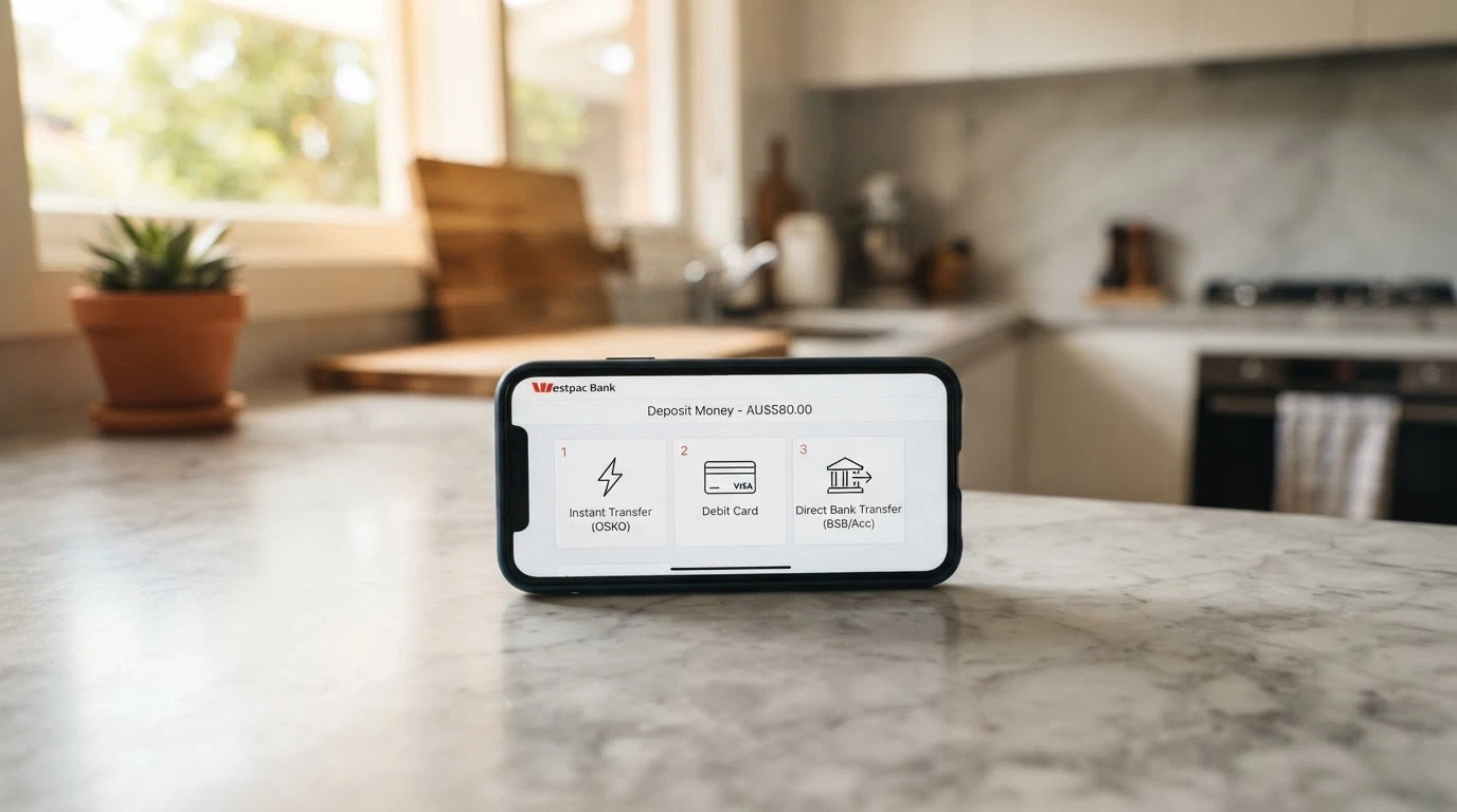 A phone displaying a banking screen with multiple deposit-method icons — PayID, debit card and bank transfer visible — against a lifestyle background
