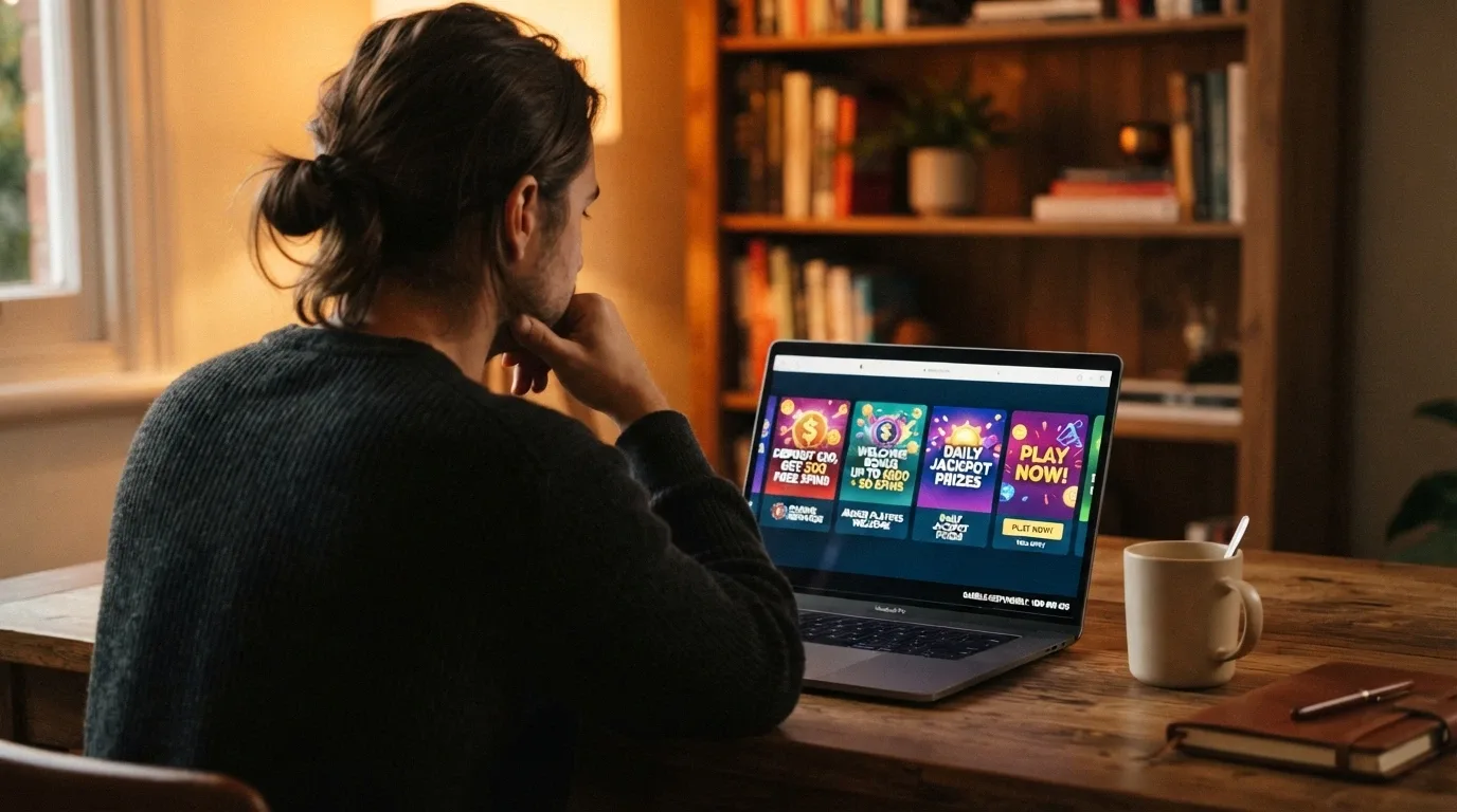 An Australian consumer looking at a laptop with casino offers on screen, hand on chin in a decision pose, with the Gambling Helpline number 1800 858 858 visible as a subtle overlay