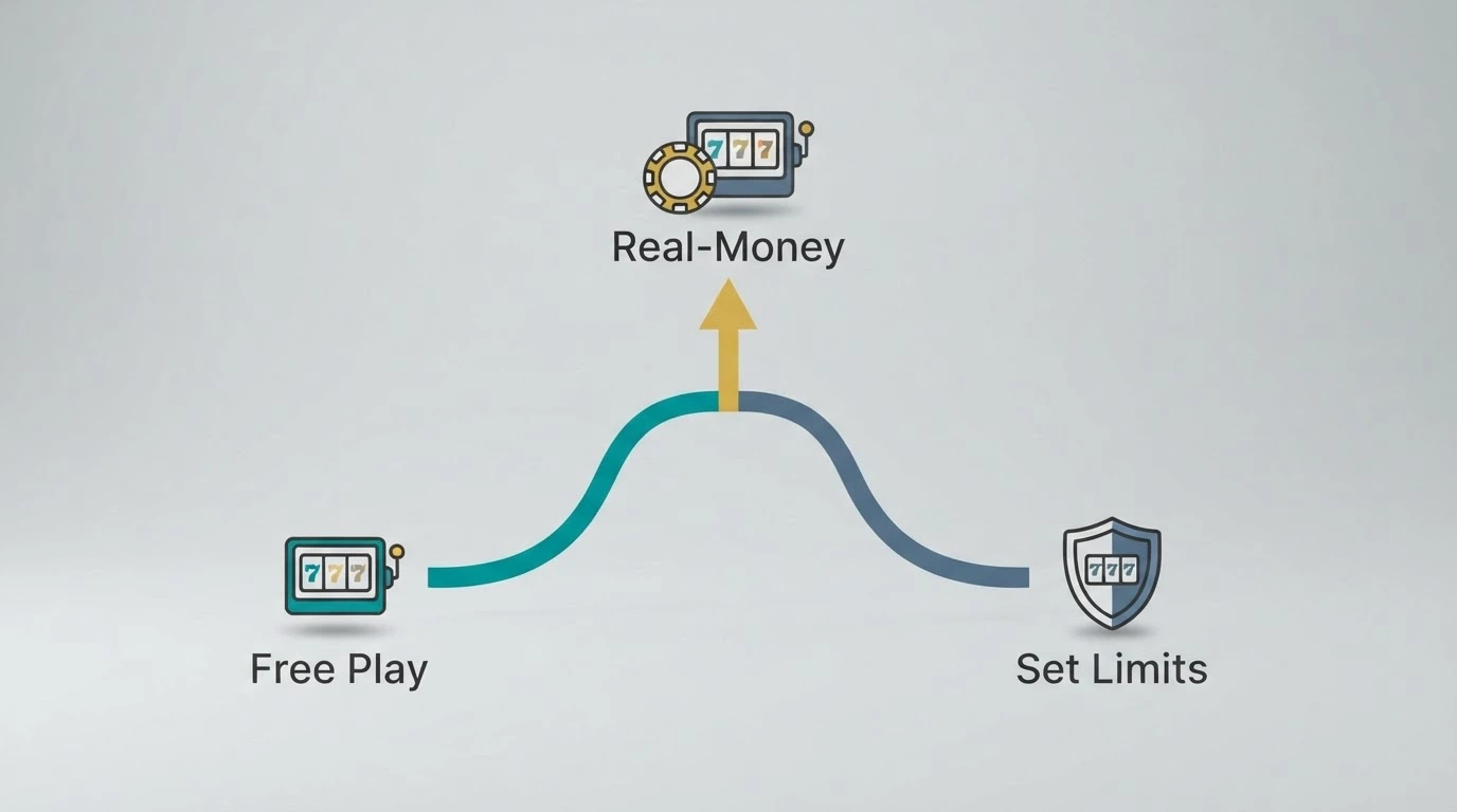 A simple decision-flow graphic with three paths labelled Free Play, Real-Money and Set Limits leading to different Aristocrat pokie screens