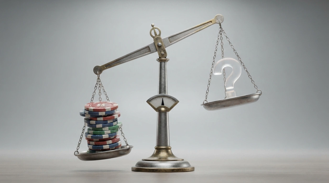 A set of balance scales with casino chips on one side and a question mark on the other, against a neutral grey background.