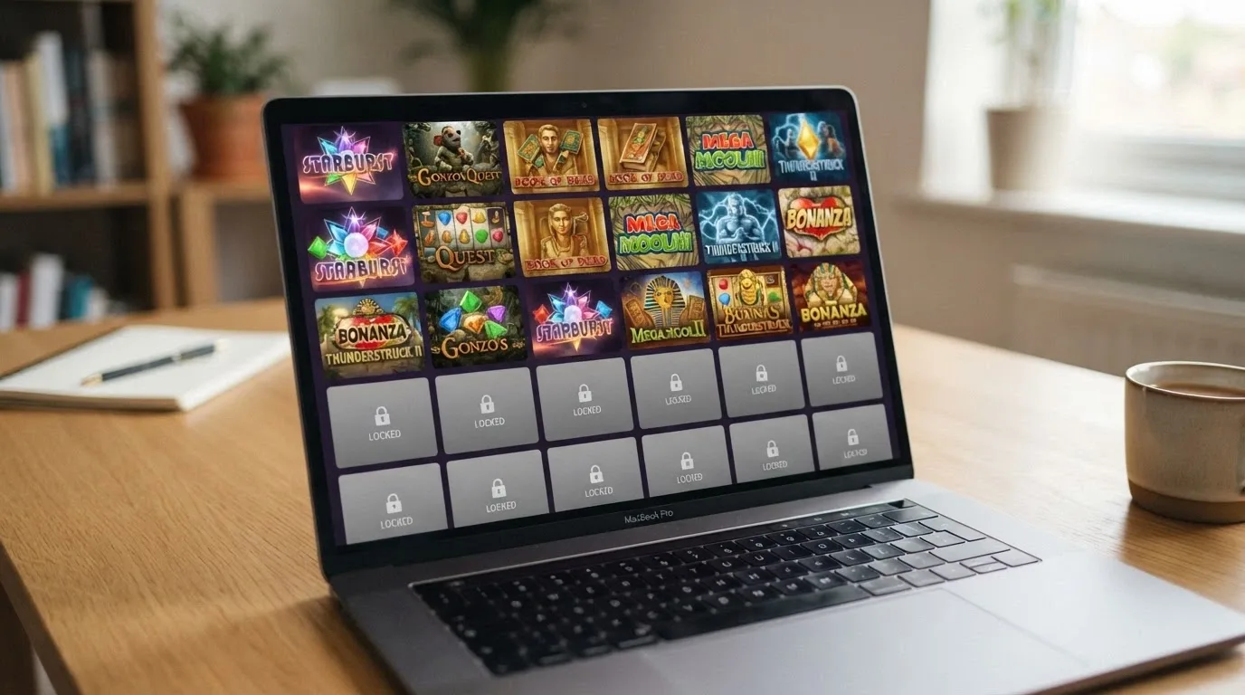 A laptop screen showing a grid of online pokies with several titles greyed out and marked ineligible during bonus play