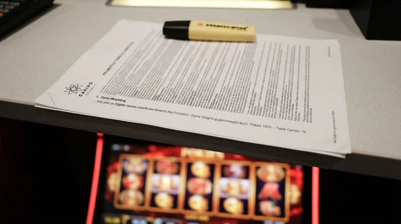 A close-up of bonus terms and conditions text on a casino promotions page, with a pokie reels game blurred in the background