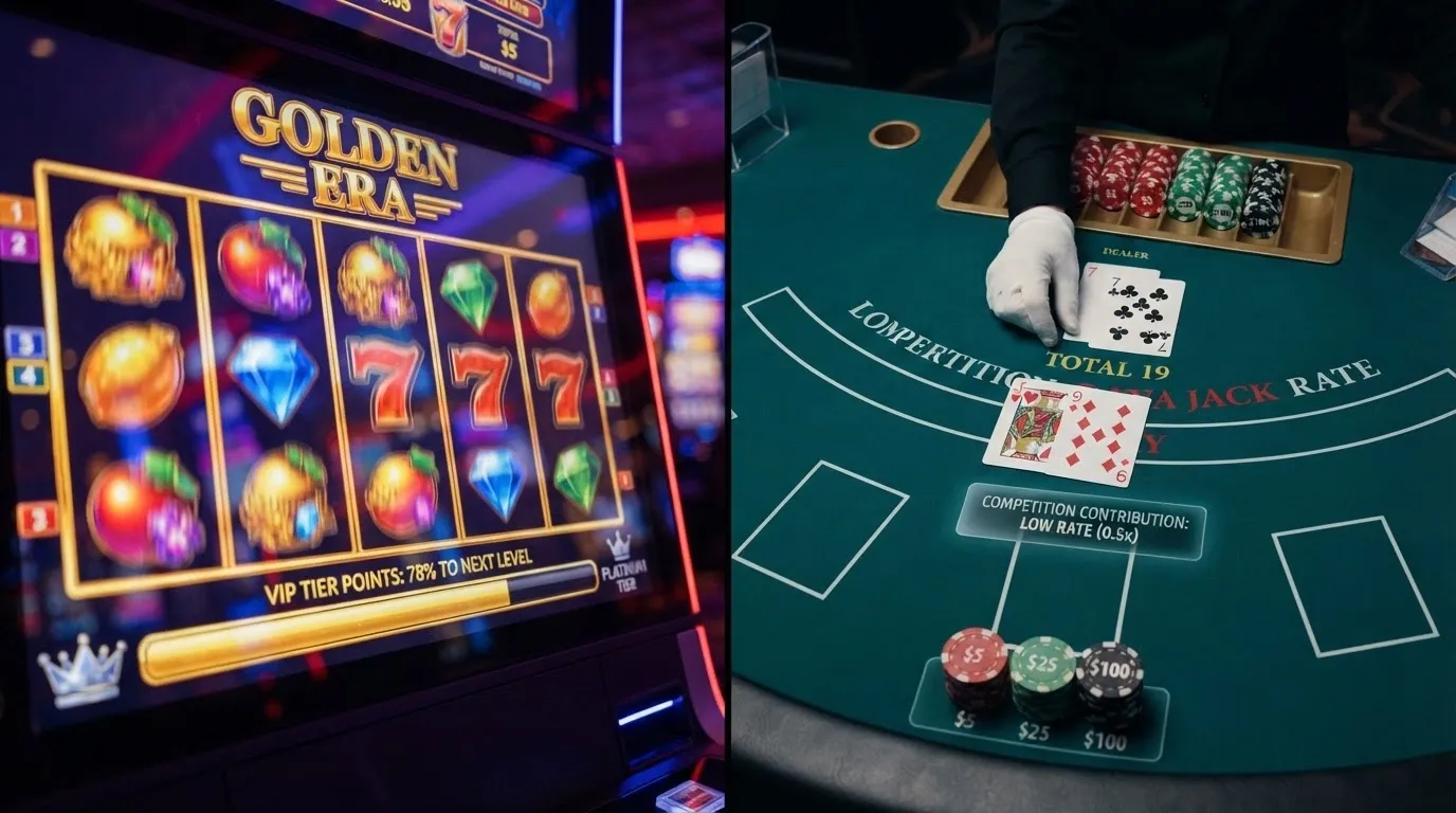 A split-frame showing a pokies screen with a VIP tier progress bar on one side and a live dealer blackjack table with a minimal contribution indicator on the other