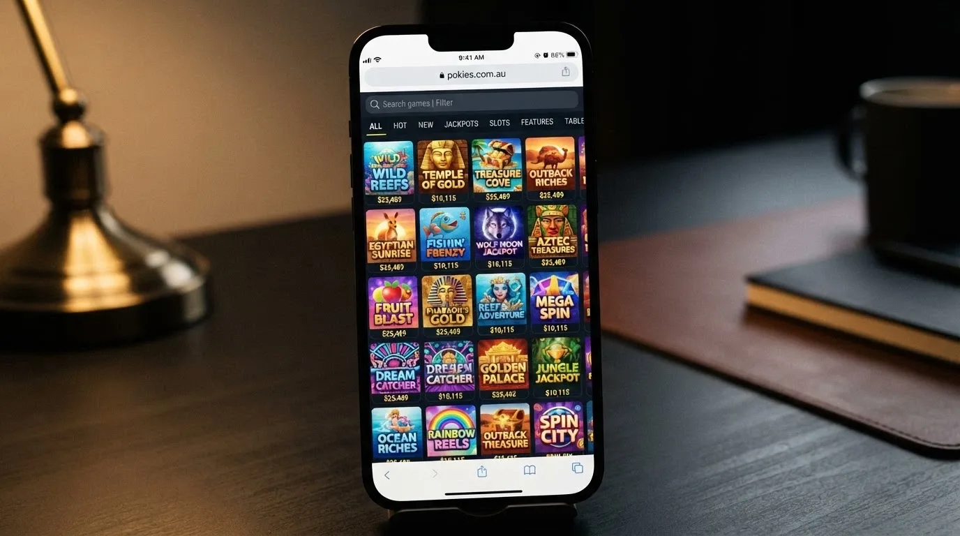 A Safari browser on iPhone showing a scrollable grid of pokie thumbnails with an Aristocrat-branded title centred in the frame