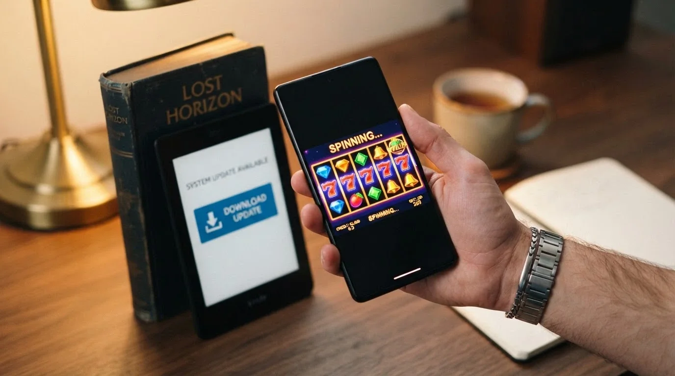 A hand holding a smartphone showing a pokies game in landscape mode, with an APK download button visible on a second screen behind it