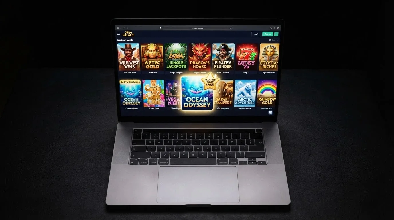 A row of online pokie titles on a casino screen, one highlighted with a “free spins” badge