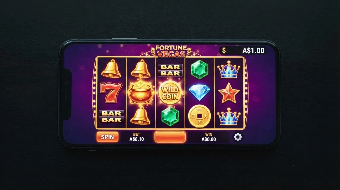 A mobile screen displaying a pokie reel-grid mid-spin with a visible balance of A$1.00 in the corner and AUD currency symbol