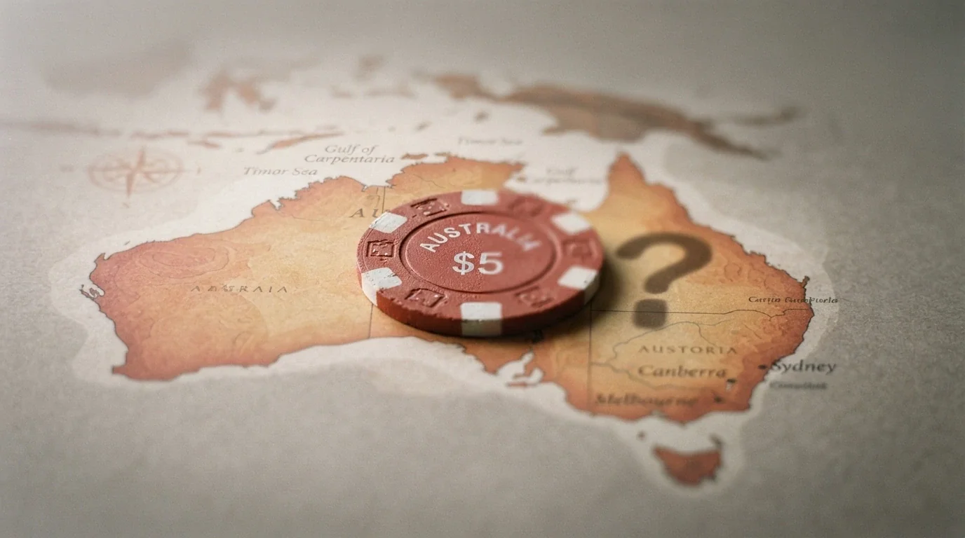 A single casino chip sitting on a stylised map of Australia, half in sharp focus and half blurred, with a subtle question-mark shadow beneath it