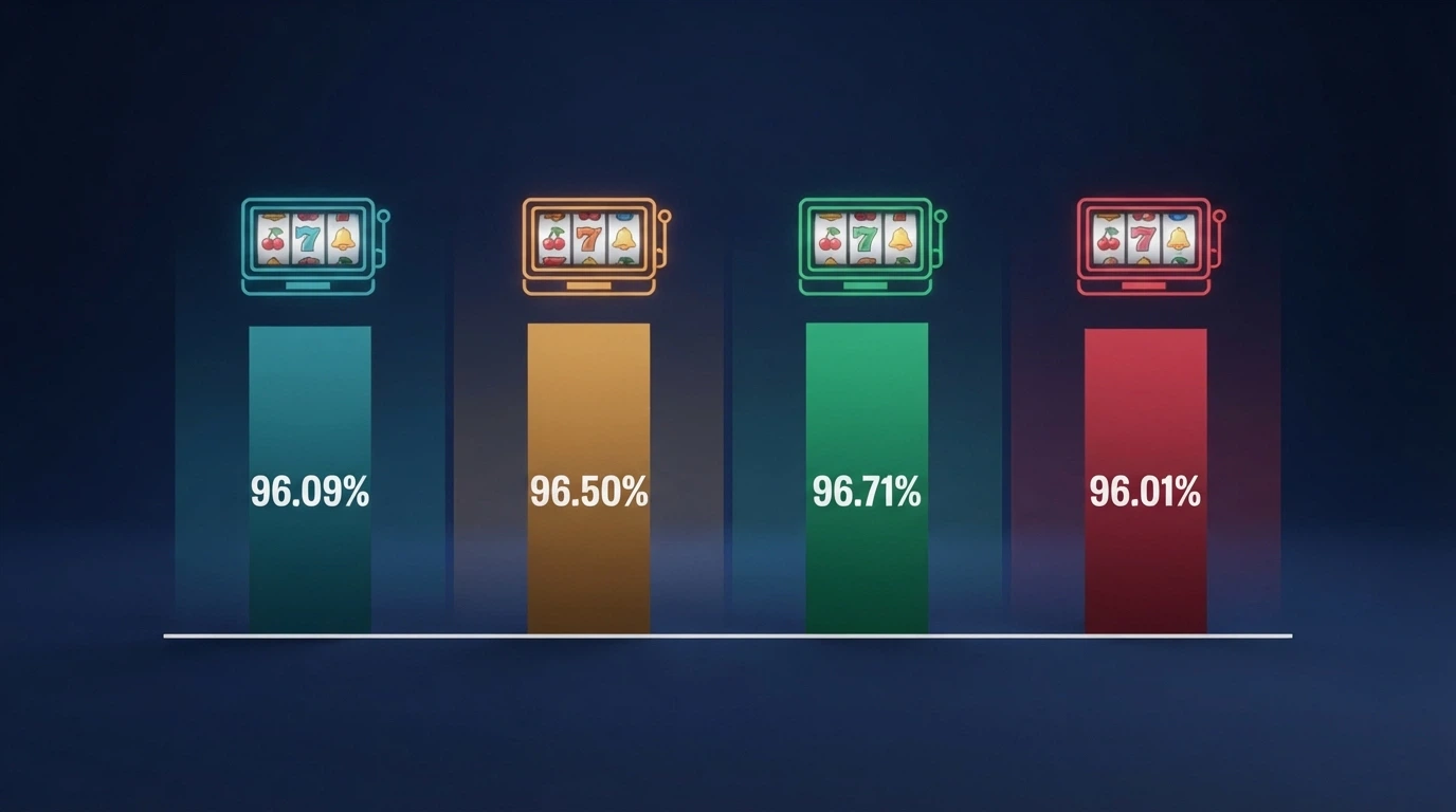A side-by-side visual comparison of four popular online pokie titles with their RTP percentages displayed as colour-coded bars