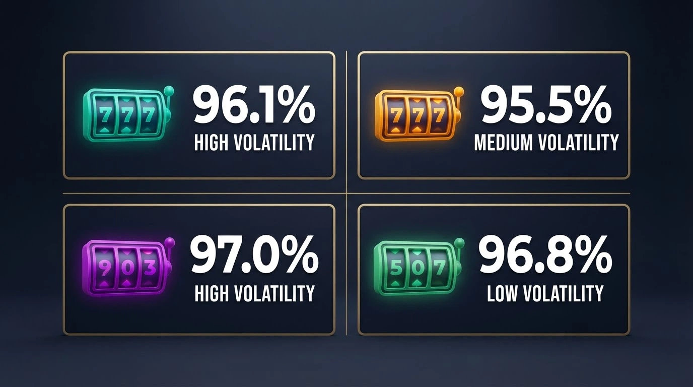 A grid of four pokie title cards — Big Bass Bonanza, Sweet Bonanza, Starburst and Gates of Olympus — each showing its RTP percentage and volatility badge
