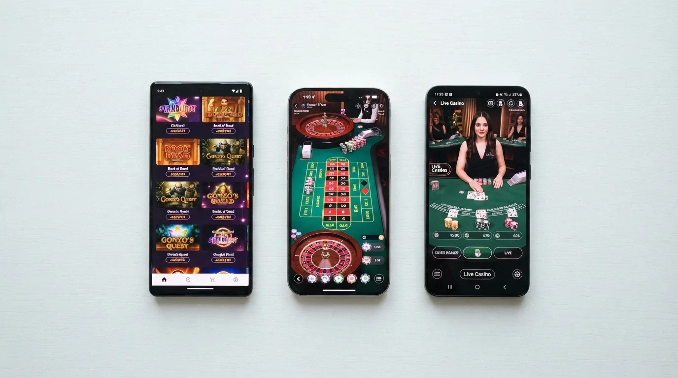 A grid of mobile phone screens each displaying a different offshore casino lobby, arranged for visual comparison