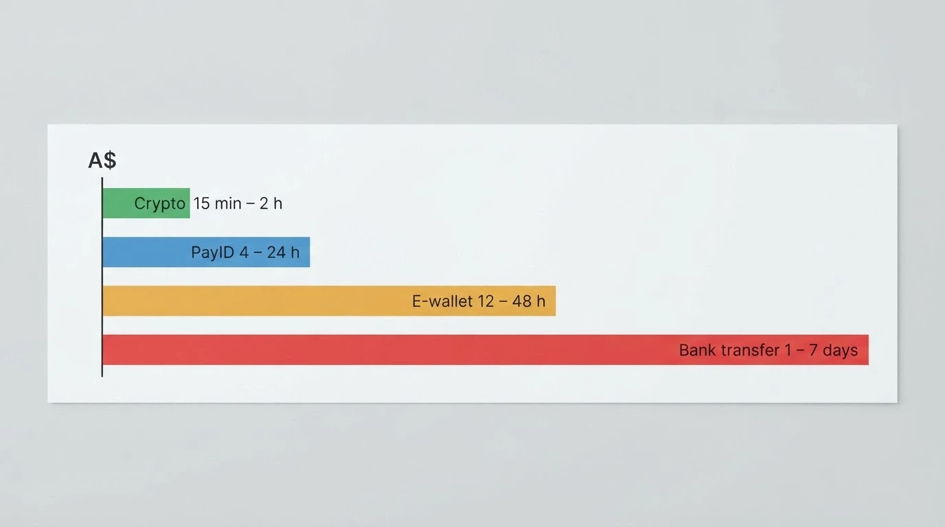 A visual timeline comparing four withdrawal methods: crypto at 15min–2h, PayID at 4–24h, e-wallet at 12–48h, and bank transfer stretching to 7 days