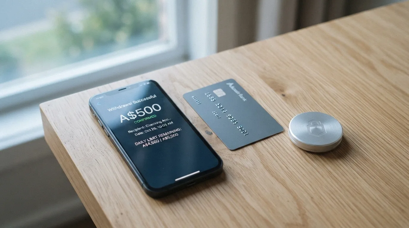 An Australian bank card and a smartphone showing a withdrawal screen with an “A$500 daily limit” notice, alongside cryptocurrency wallet icons