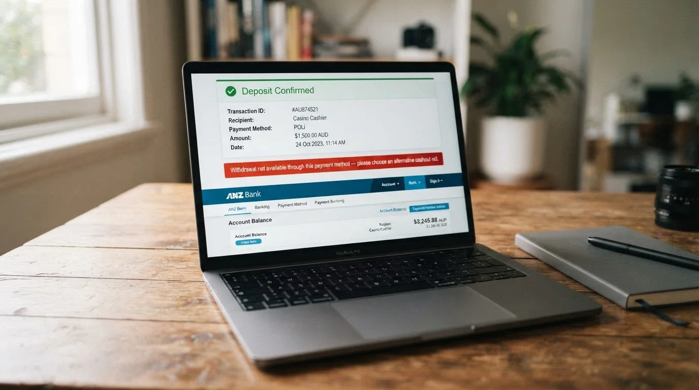 A POLi online banking payment screen during a casino deposit, with a “withdrawal not available” notice