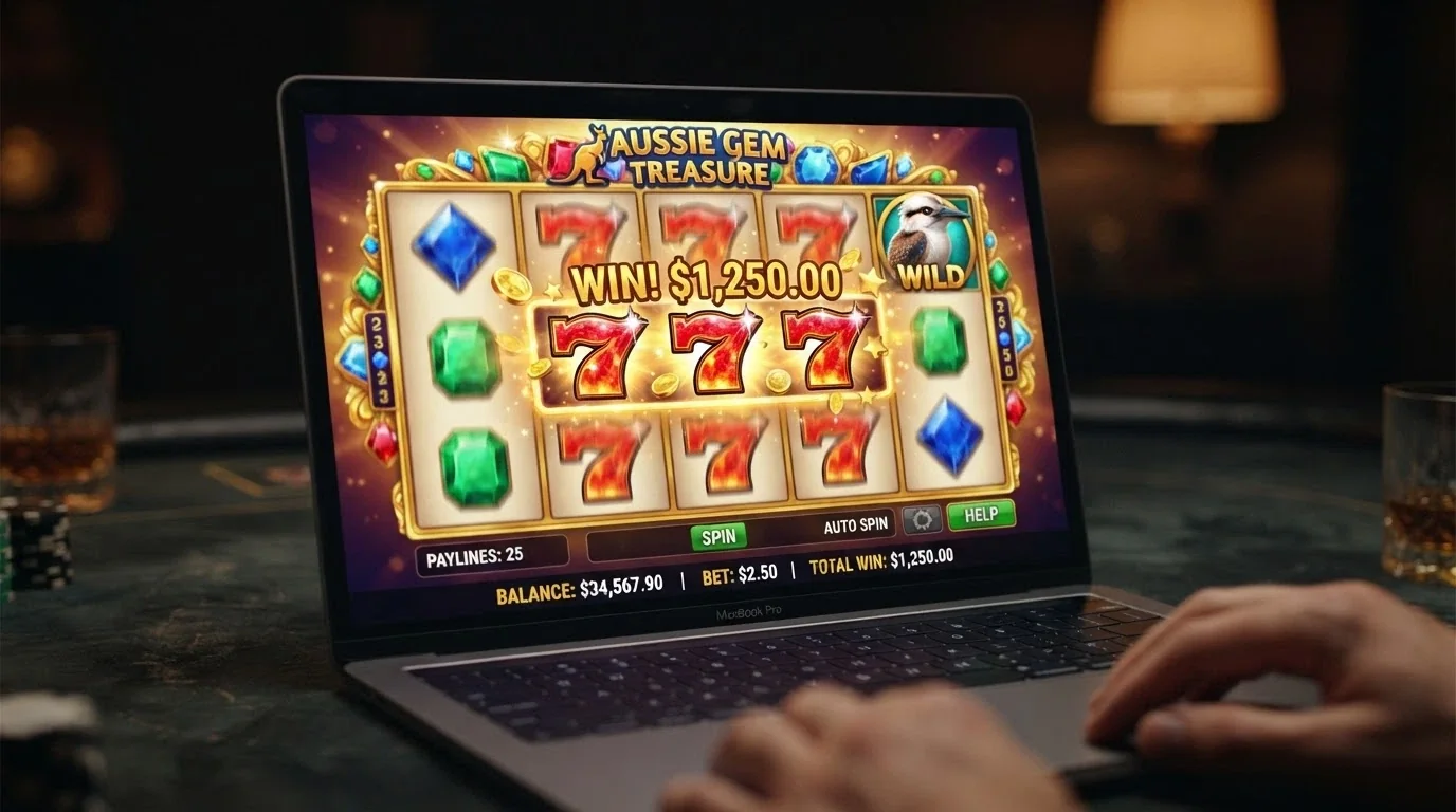 A popular online pokie game screen showing five reels mid-spin, a bet-amount display in AUD, and a win-animation burst on a matching payline
