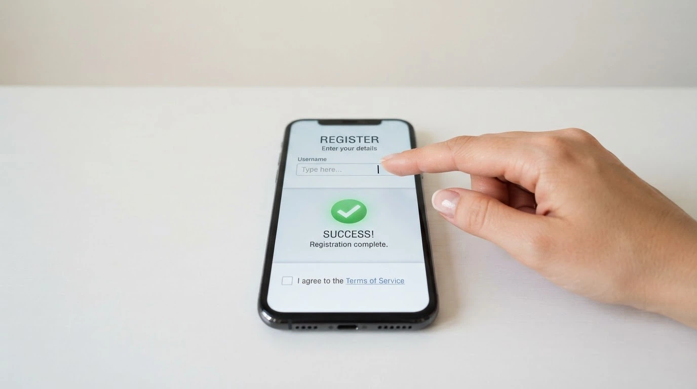 A three-step diagram showing a promo code field on a registration form, a bonus-credited notification and a terms-and-conditions checkbox, on a smartphone screen.