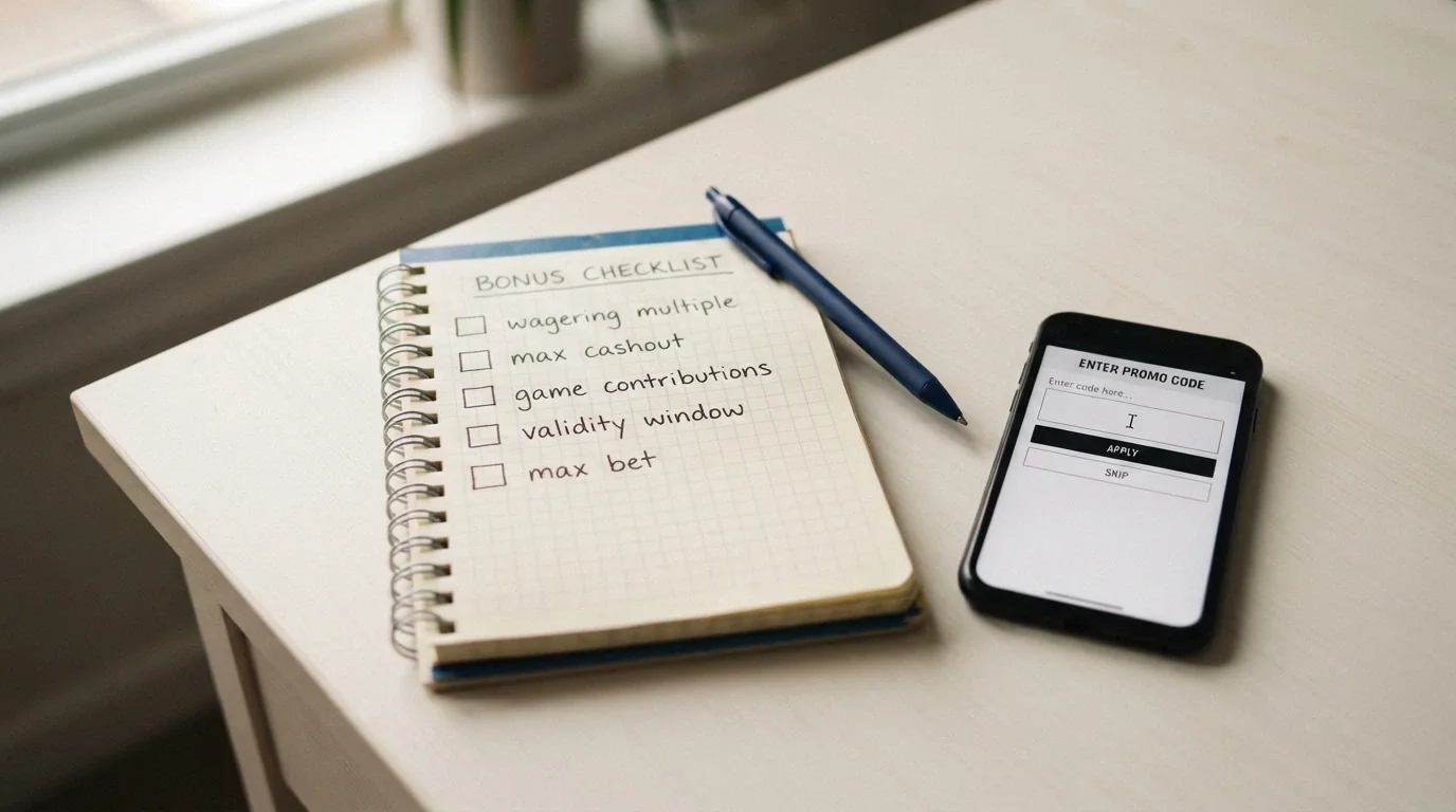 A notepad-style checklist with tick-box items: wagering multiple, max cashout, game contributions, validity window, max bet — all unchecked beside a promo code field.