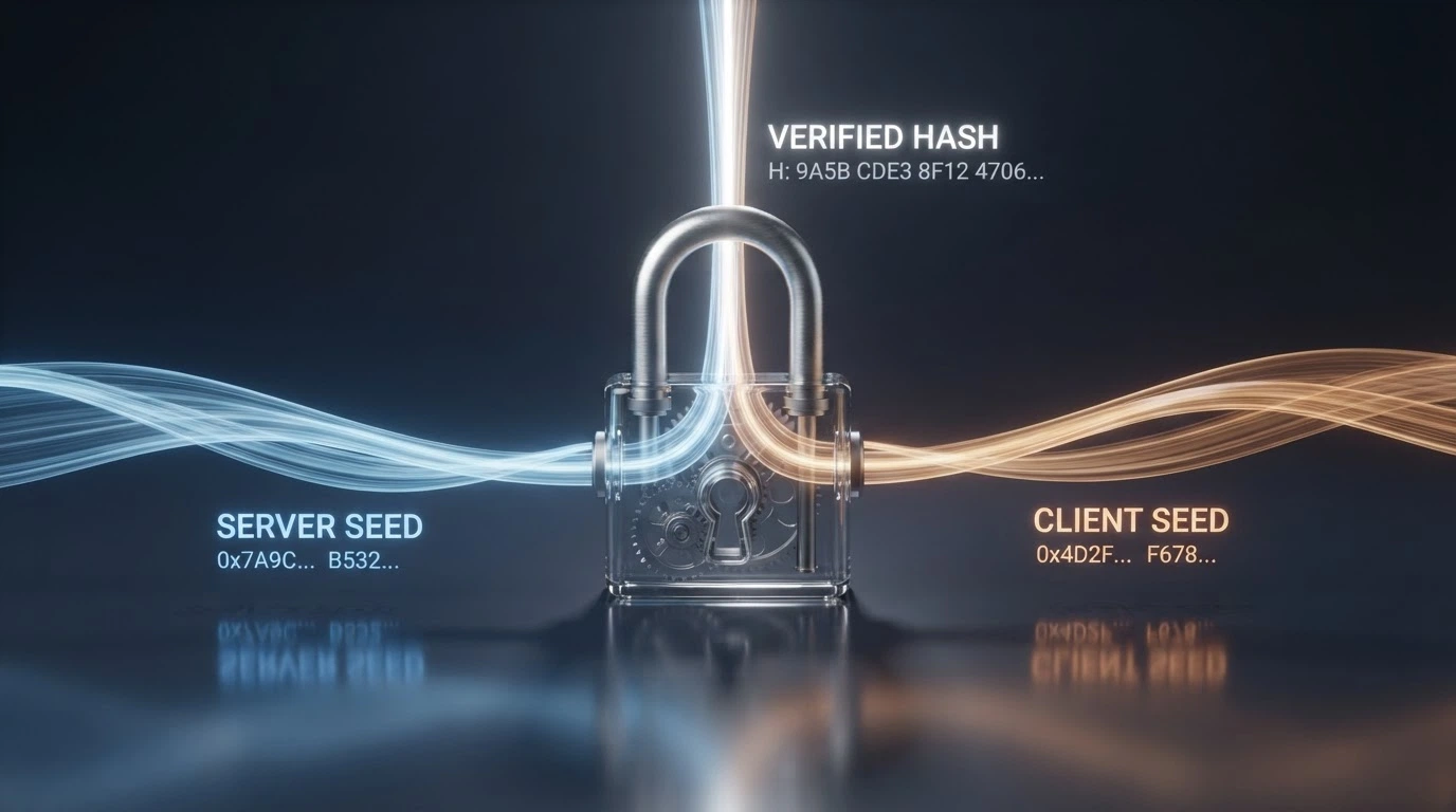 A diagram showing how a provably fair seed-hash verification works with a player client seed and a server seed