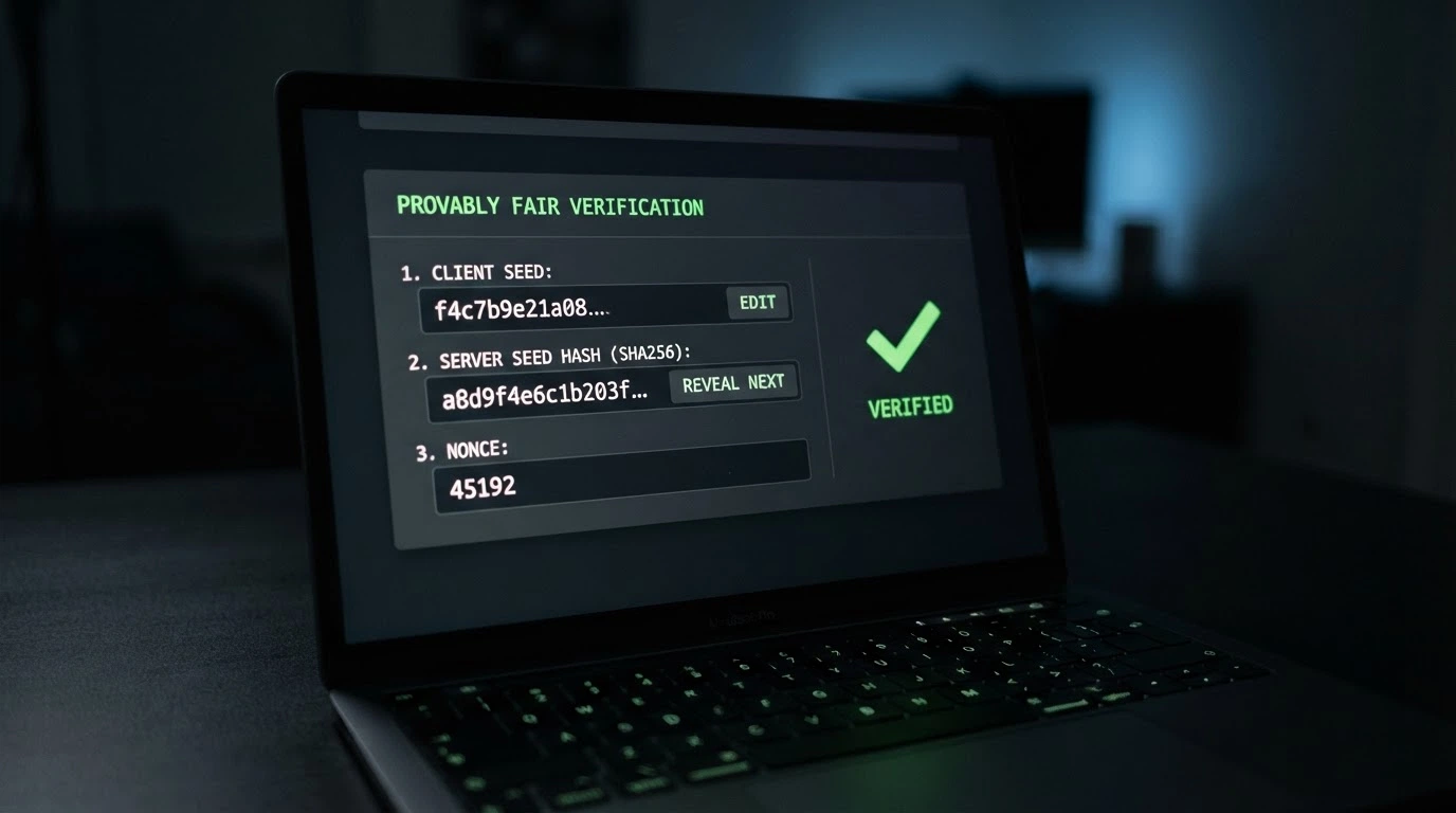 A provably fair verification screen showing a client seed, server seed hash and nonce, with a green “verified” checkmark, on a dark crypto-casino interface