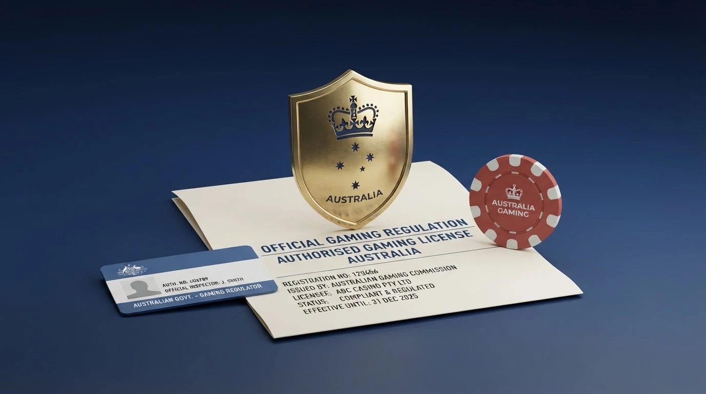 The Queensland Government crest alongside a Casino Control Act 1982 document cover and OLGR signage