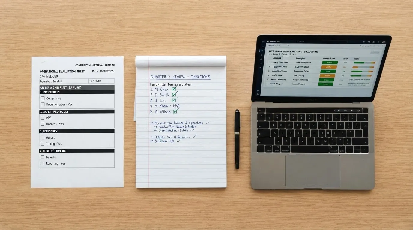 A desk view showing the ACMA register, a notepad with evaluation criteria and a screen displaying operator comparison data