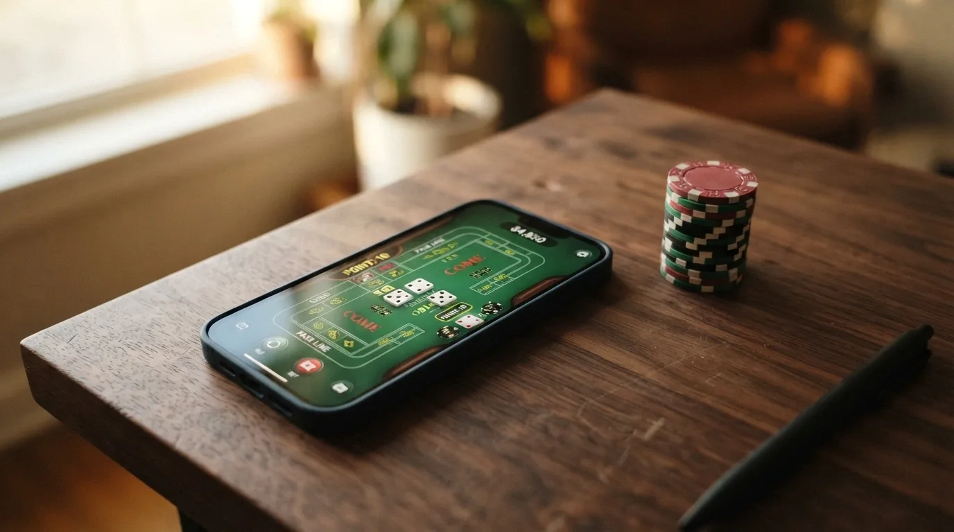 A stack of Australian fifty-dollar notes beside a smartphone showing an online craps table with a chip balance displayed in AUD.