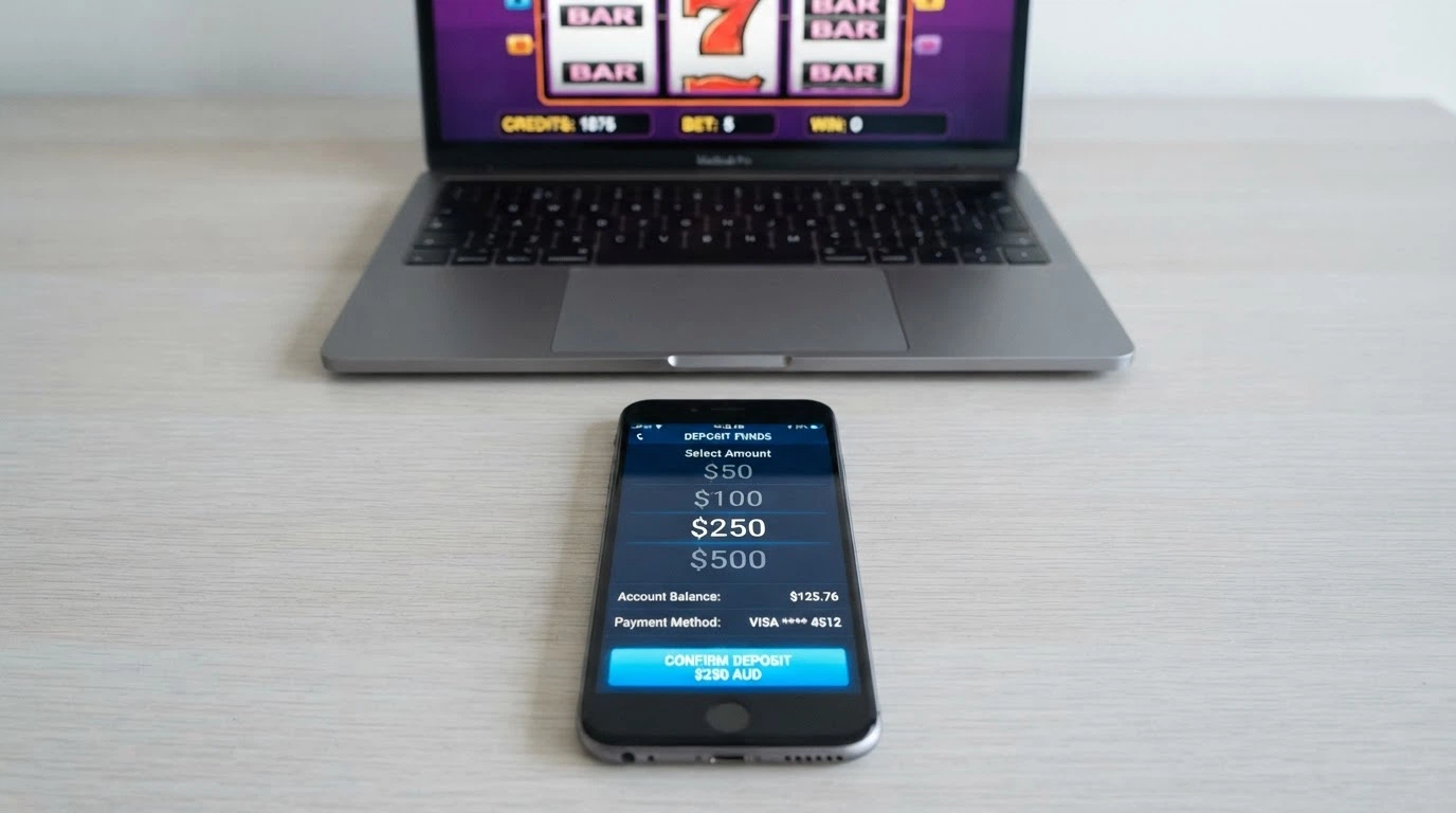 A deposit screen beside a 3-reel pokie interface showing a real-money balance in Australian dollars