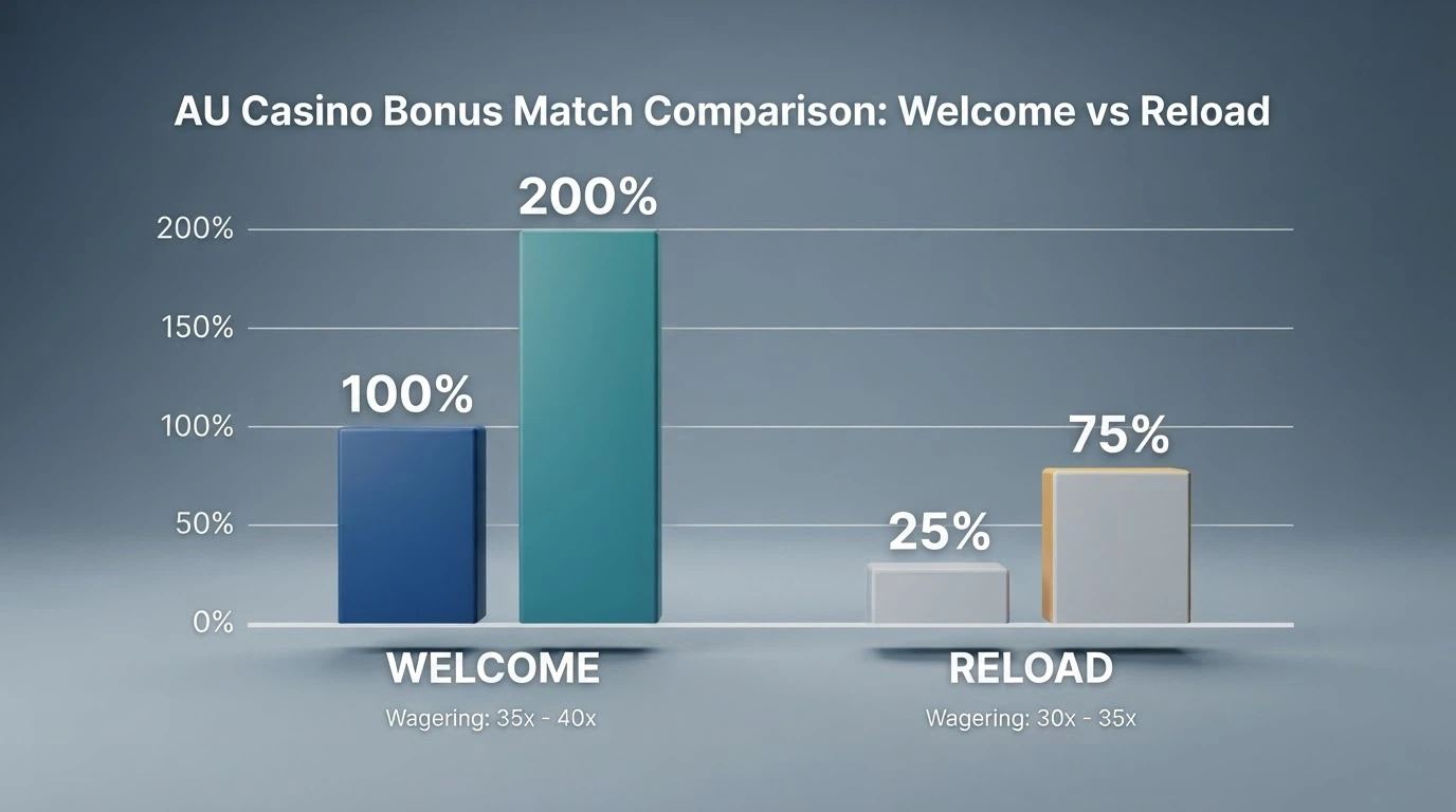 A side-by-side diagram comparing welcome bonus match percentages against reload bonus match percentages with wagering multiples annotated
